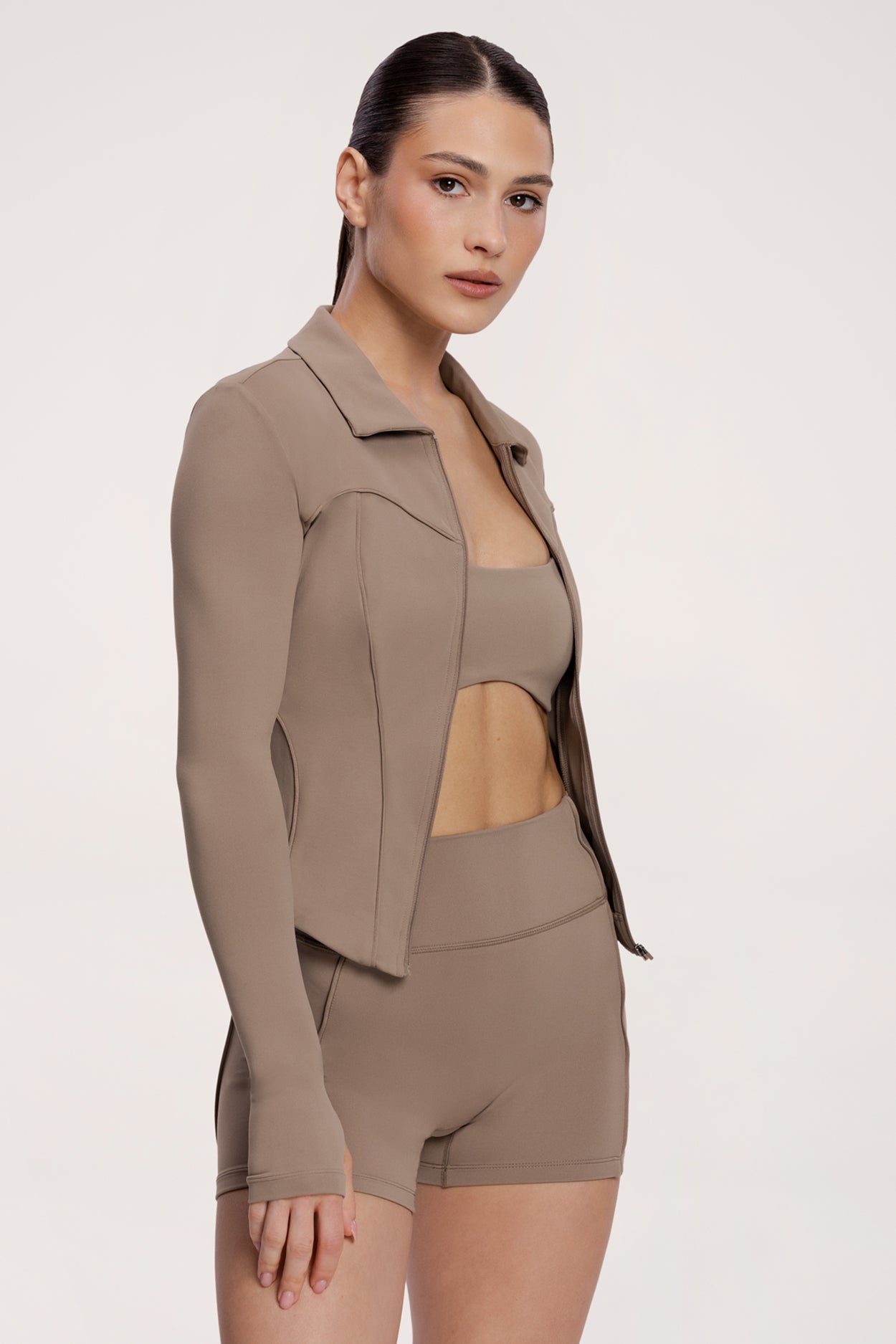 Mikina na zip pilates era warm beige