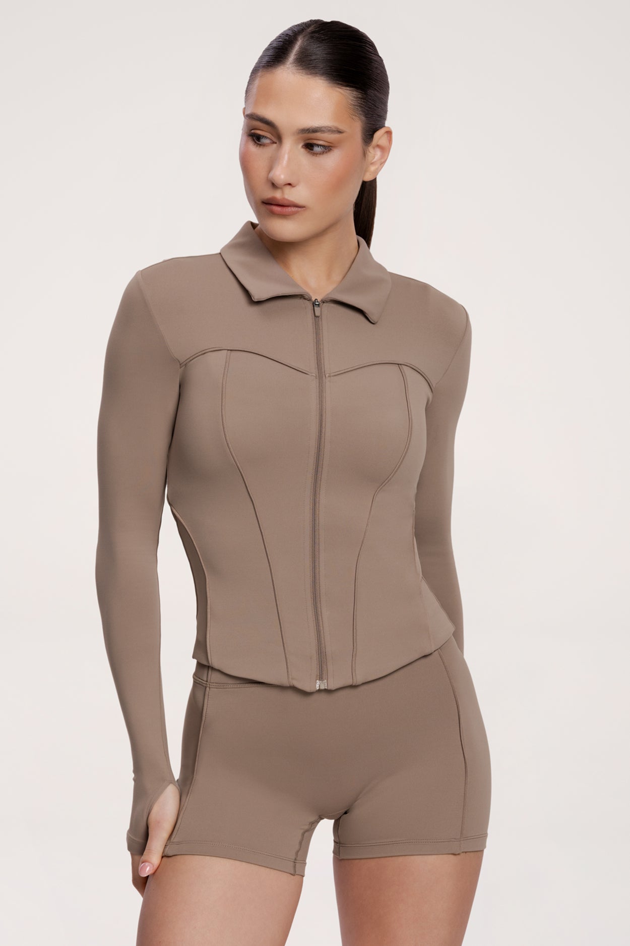 Mikina na zip pilates era warm beige