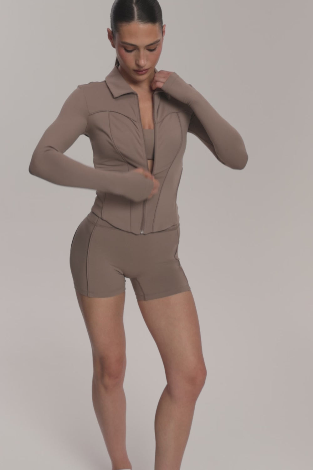 Mikina na zip pilates era warm beige